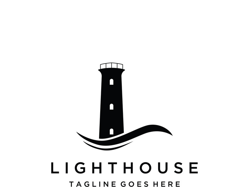 Sea lighthouse tower building creative logo with spotlights vintage vector template.