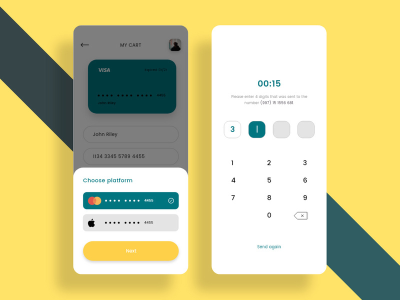 Choose payment method and Confirmation code screens concept