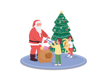 Santa Claus giving children presents flat color vector faceless characters preview picture