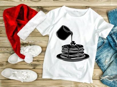 Black syrup pouring on golden pancake stack isolated illustration