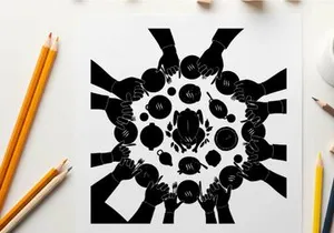 Silhouette of hands holding plates in a circular formation