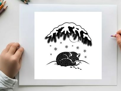 Sleeping cat under snowy mountain silhouette