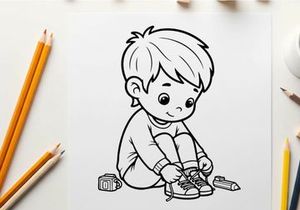 Cute boy tying shoelaces vector illustration flat design