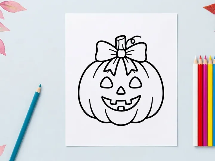 Cute cartoon jack-o'-lantern with bow for Halloween decor. Smiling pumpkin illustration for festive seasonal design projects.