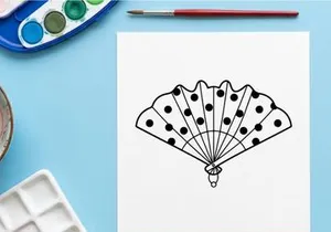 Ilustração de leque dobrável com bolinhas. Ícone de leque de mão decorativo com padrão preto e branco.