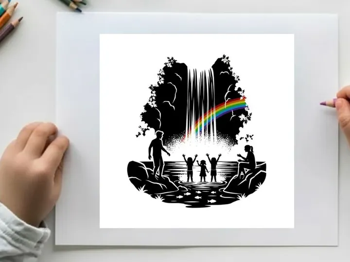 Silhouette of people at a waterfall with a rainbow