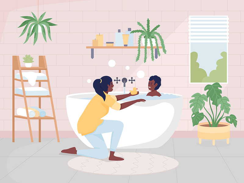Mother bathing her son color vector illustration