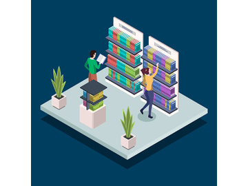 People at modern book library isometric color vector illustration preview picture