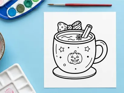 Halloween pumpkin mug with marshmallow topping and candy stirrer. Spooky hot chocolate cup featuring jack-o-lantern face and whipped cream garnish.