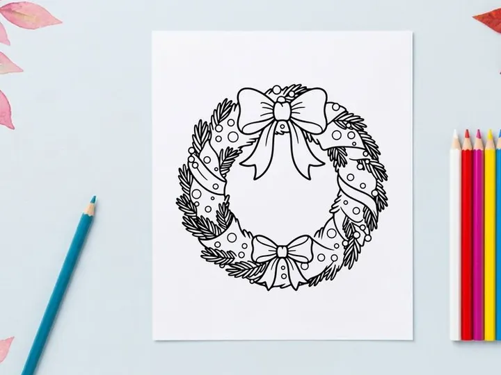 Christmas wreath line art illustration with bows and pine branches for coloring page.