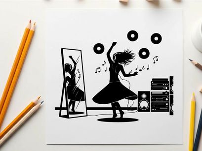 Silhouette of a woman dancing to music with records
