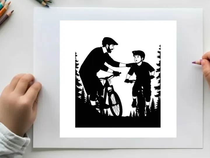 Silhouette of a man helping a boy with a bicycle in the woods