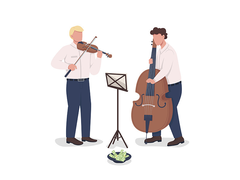 Violinist and cello player performance semi flat color vector characters