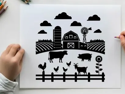 Rural farm scene with silhouette animals and barn