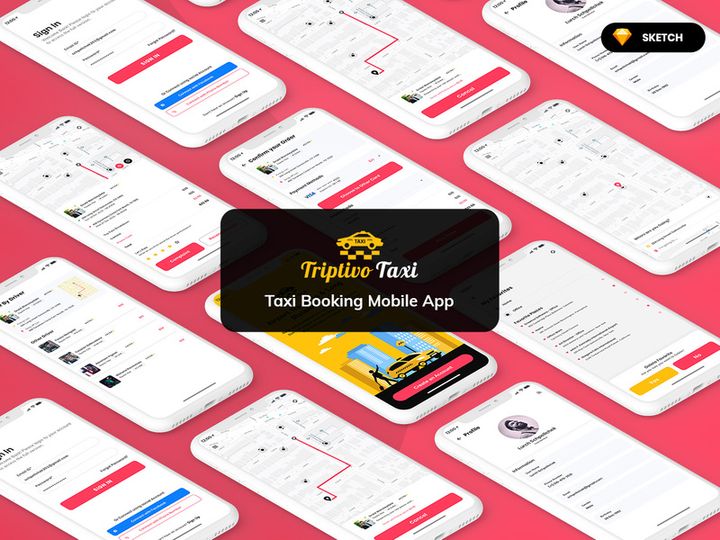 Taxi Booking Mobile App UI Kit Light Version (SKETCH)