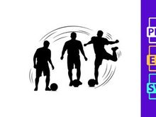 Silhouette of three soccer players in action with balls