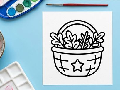 Basket with autumn leaves icon. Simple line art illustration of a harvest container.