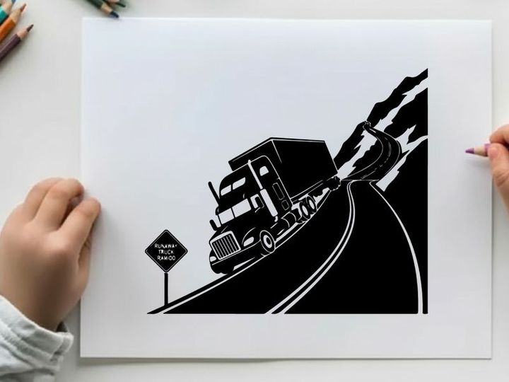Silhouette of a speeding truck on a curved road with a warning sign