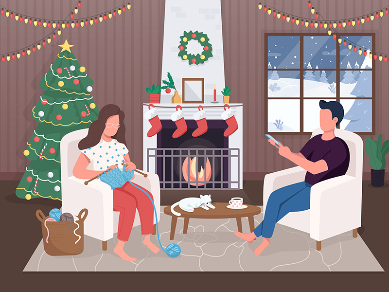 Christmas evening flat color vector illustration