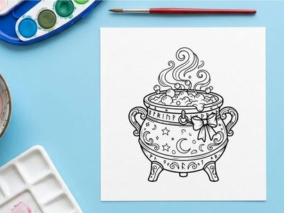 Caldero vintage con vapor que sale de la olla hirviendo. Olla de cocina clásica de brujería que libera humo místico para decoración de Halloween.