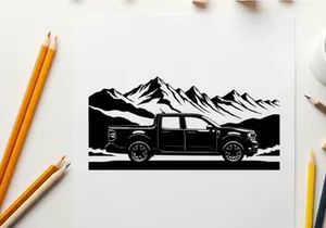 Silhouette of a pickup truck in front of a mountain range silhouette