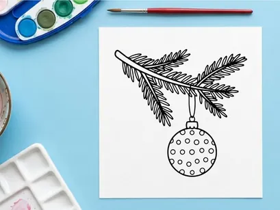 Christmas bauble hanging on a pine tree branch, hand drawn festive holiday line art.