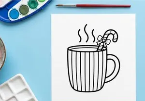 Christmas mug with candy cane line art illustration for holiday greeting card design