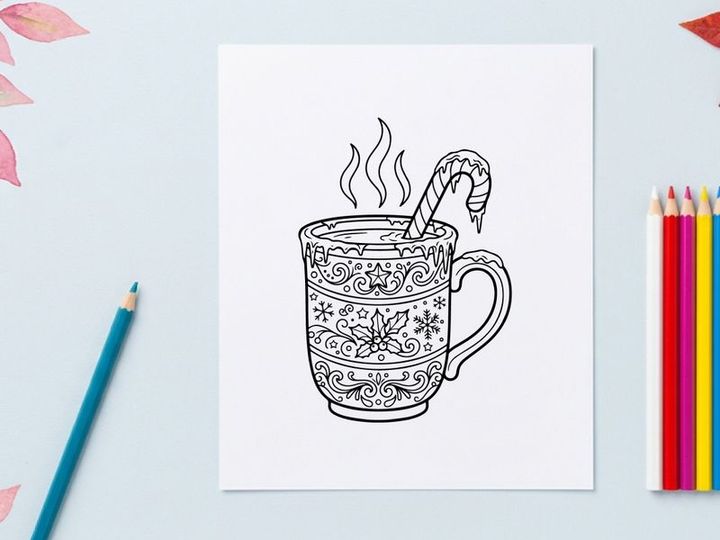 Steaming hot Christmas tea mug with snowflake patterns and festive steam rising elegantly