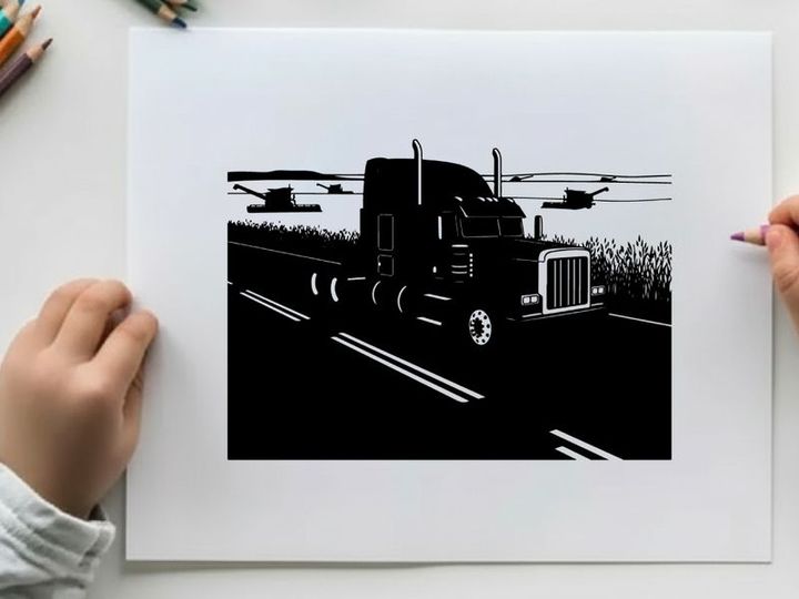 Silhouette of a semi truck driving on a rural highway at dusk