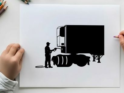Silhouette of a man washing a semi truck with a hose