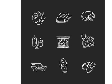 Hygge home chalk white icons set on black background preview picture