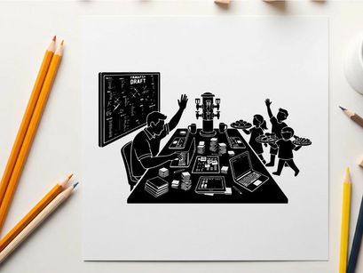 Silhouette of a man and children in a control room setting silhouette