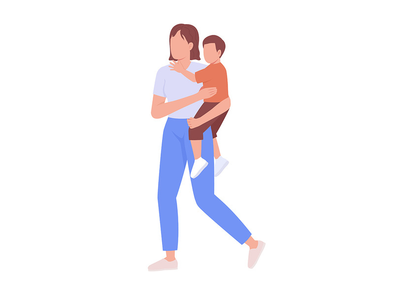 Woman carrying little boy semi flat color vector characters