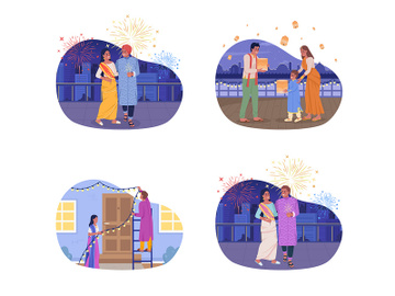 Diwali Indian holiday 2D vector isolated illustrations set preview picture