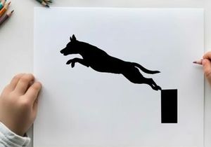 Dog jumping silhouette in mid air against white background