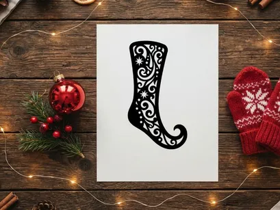Black Christmas stocking silhouette with intricate floral filigree and star patterns.