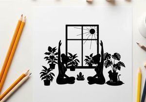 Silhouette of yoga figures and plants by a window