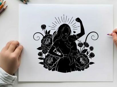 Empowered mother silhouette with child and floral elements