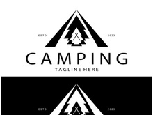 vintage and retro tent logo, camping. With tent, tree and bonfire sign. adventurers, scouts, climbers, camping equipment center
