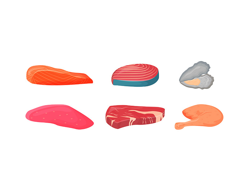 Raw meat and fish cartoon vector illustrations set