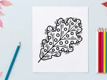 Oak leaf coloring page for kids. Decorative autumn foliage line art for creative activity.