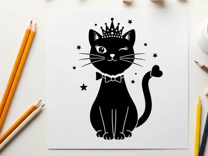 Regal silhouette cat in crown and bow tie with stars