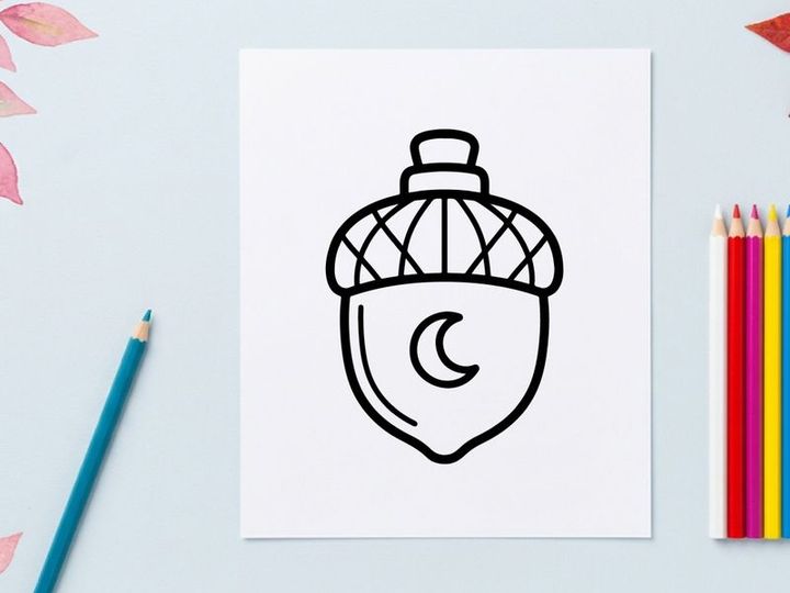 Acorn icon with crescent moon. Minimalist autumn nature symbol for seasonal design.