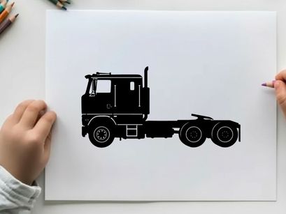 Silhouette of a semi truck tractor unit with cabin and wheels