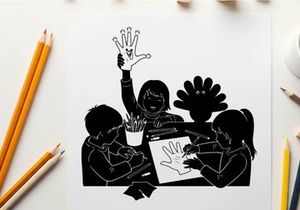 Children's hands making a colorful silhouette art project with a turkey