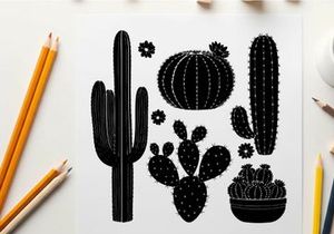 Black silhouette cacti and flowers on white background
