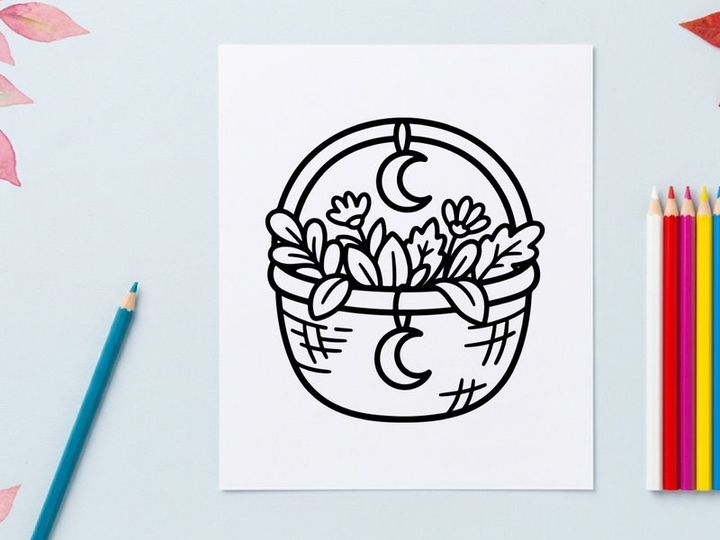 Witchy basket with flowers and moon icons. Celestial floral arrangement in line art style.