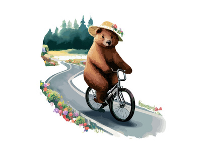 Bear riding a bike in floral countryside road, isolated in white background.