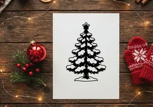 Black and white Christmas tree icon with star topper and snow on branches