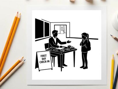 Businessman and young girl at a first day check in with silhouette